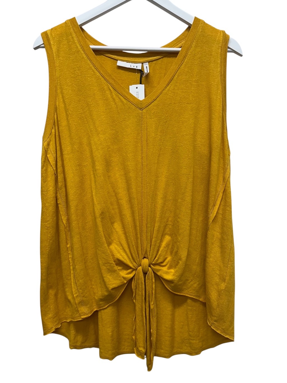 LUQ Stitch Fix Women’s XL Yellow Shell Knit Tank Top Shirt Top Tie Front Mustard